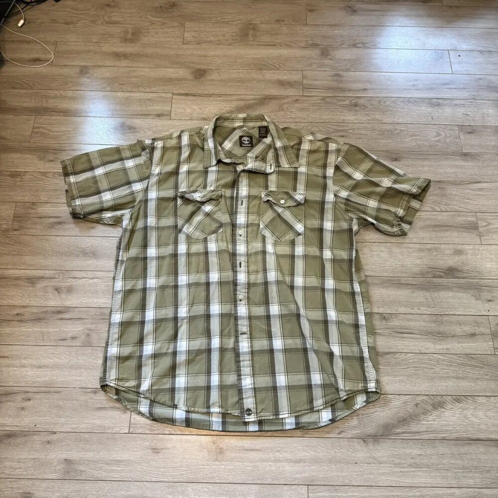 checkered green and white timberland button up short sleeve